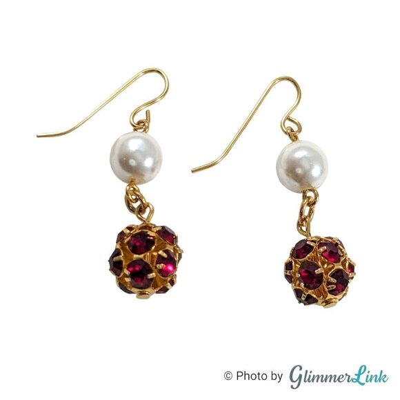 Vintage Tiered Red Rhinestone Ball Faux Pearl Gold Tone Dangle Earrings - Picture 2 of 7